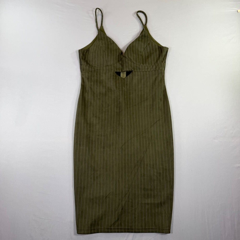 French Kiss Bodycon Dress Large Y2K 90s Olive Green Pinstripe Mobwife